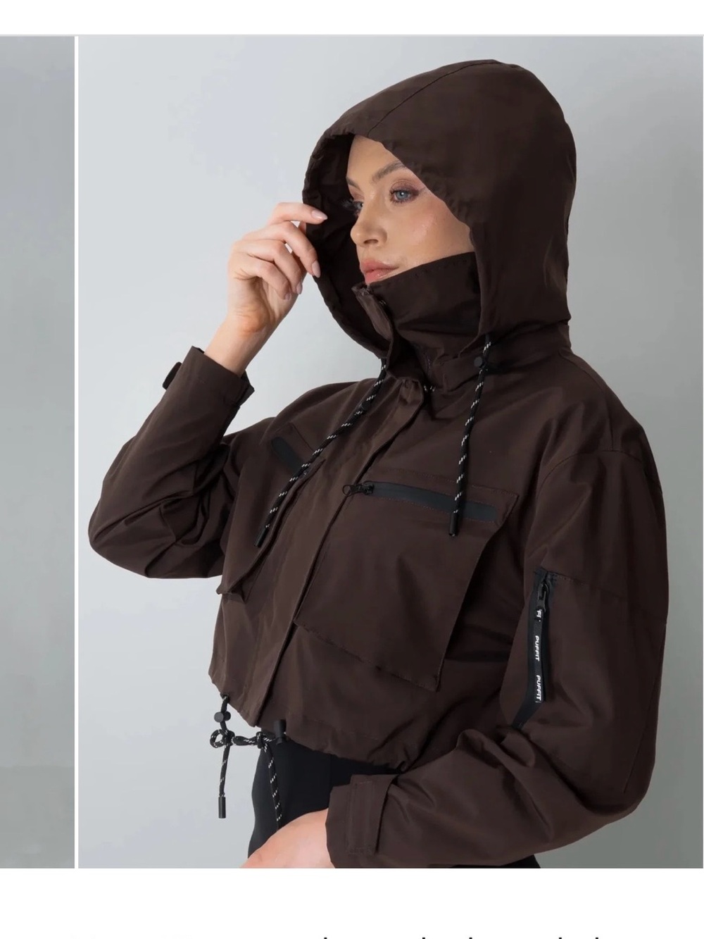 Funnel Neck Brown Hooded Utility Windbreaker Jacket for Women Waterproof Cropped
